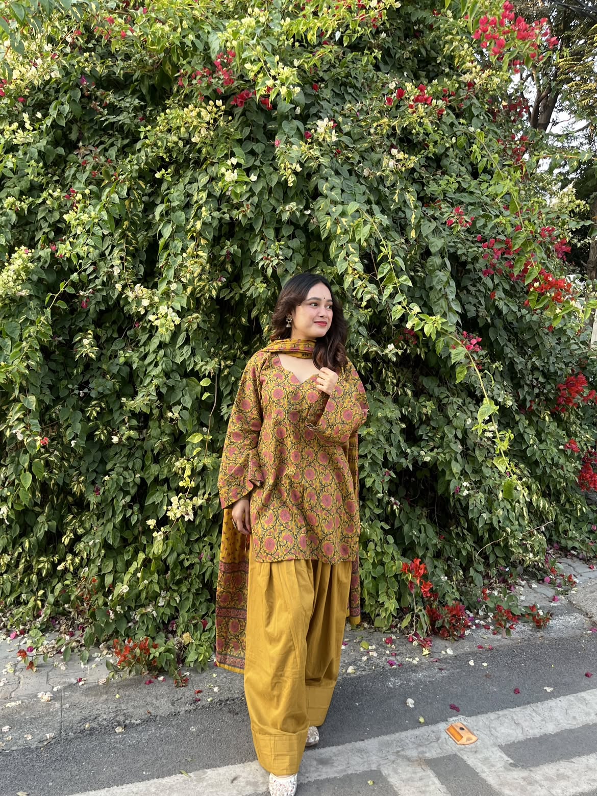Women’s Premium Cotton Printed Kurta Pant & Dupatta Set – Mustard Floral Print (RD79)