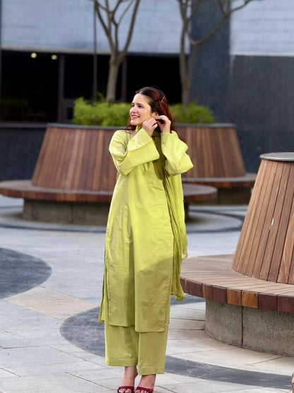 Women’s Cotton Solid Kurta Pant & Dupatta Set – Lime Green Co-Ord Ethnic Suit (RD81)