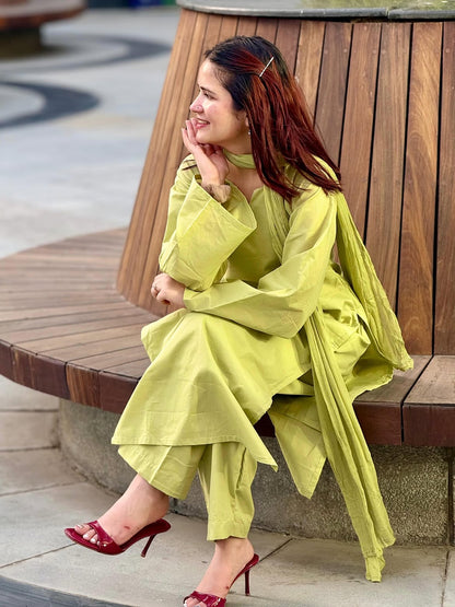 Women’s Cotton Solid Kurta Pant & Dupatta Set – Lime Green Co-Ord Ethnic Suit (RD81)