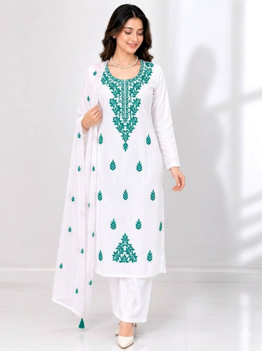 Women's Floral Embroidered Cotton Suit Set with Dupatta (RRRD49)
