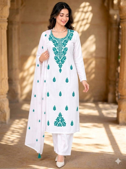 Women's Floral Embroidered Cotton Suit Set with Dupatta (RRRD49)
