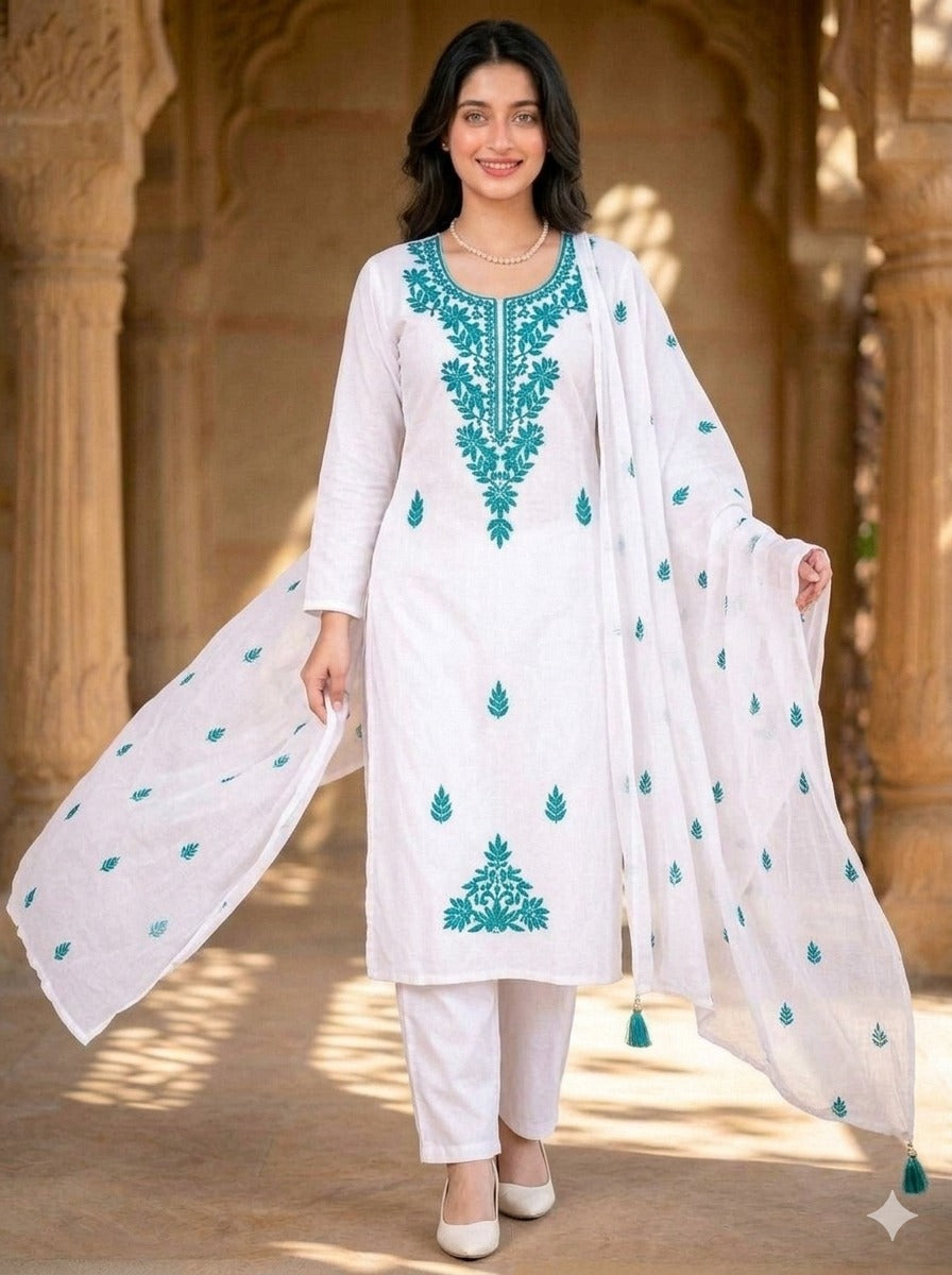 Women's Floral Embroidered Cotton Suit Set with Dupatta (RRRD49)