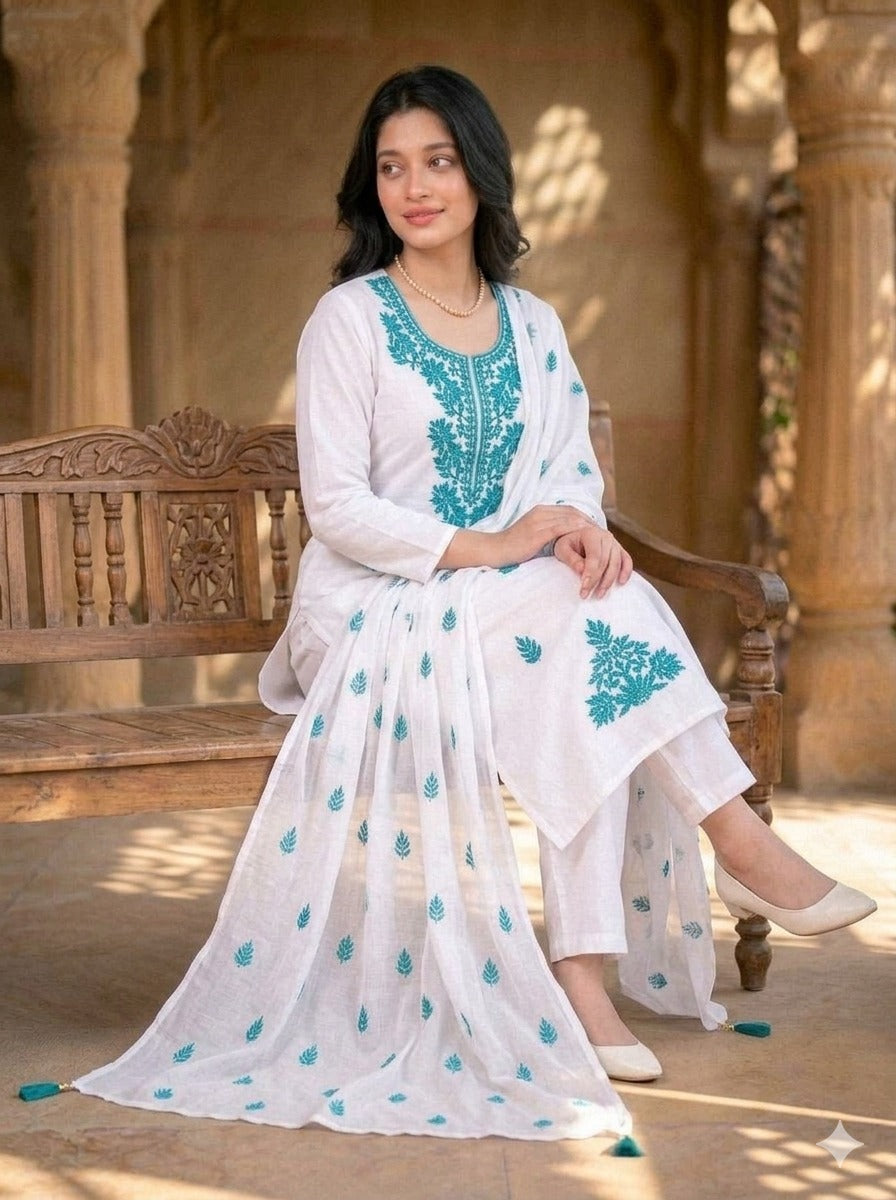 Women's Floral Embroidered Cotton Suit Set with Dupatta (RRRD49)