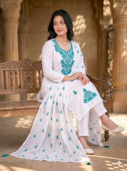 Women's Floral Embroidered Cotton Suit Set with Dupatta (RRRD49)