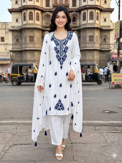 Women's Floral Embroidered Cotton Suit Set with Dupatta (RRRD49)