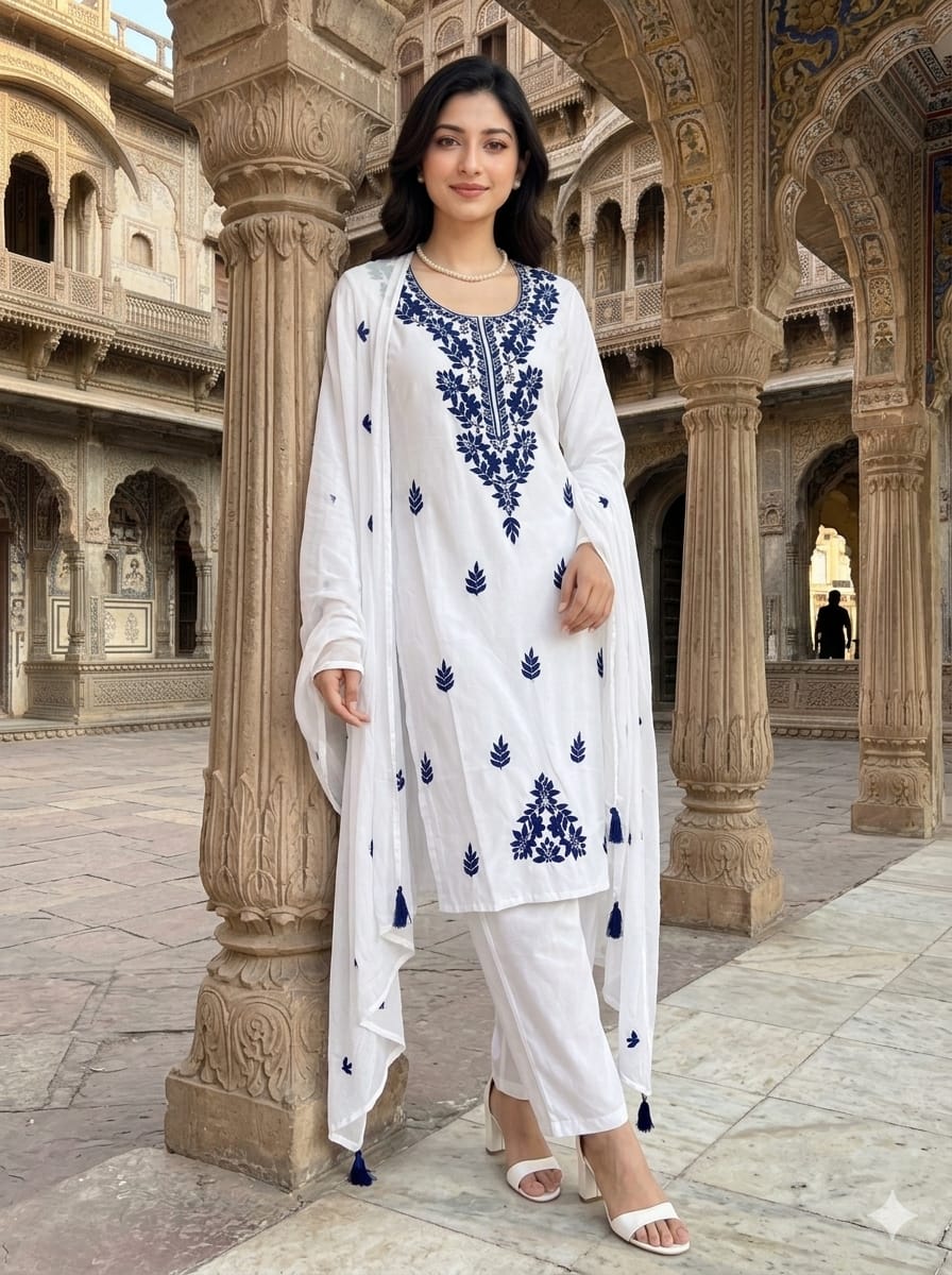 Women's Floral Embroidered Cotton Suit Set with Dupatta (RRRD49)