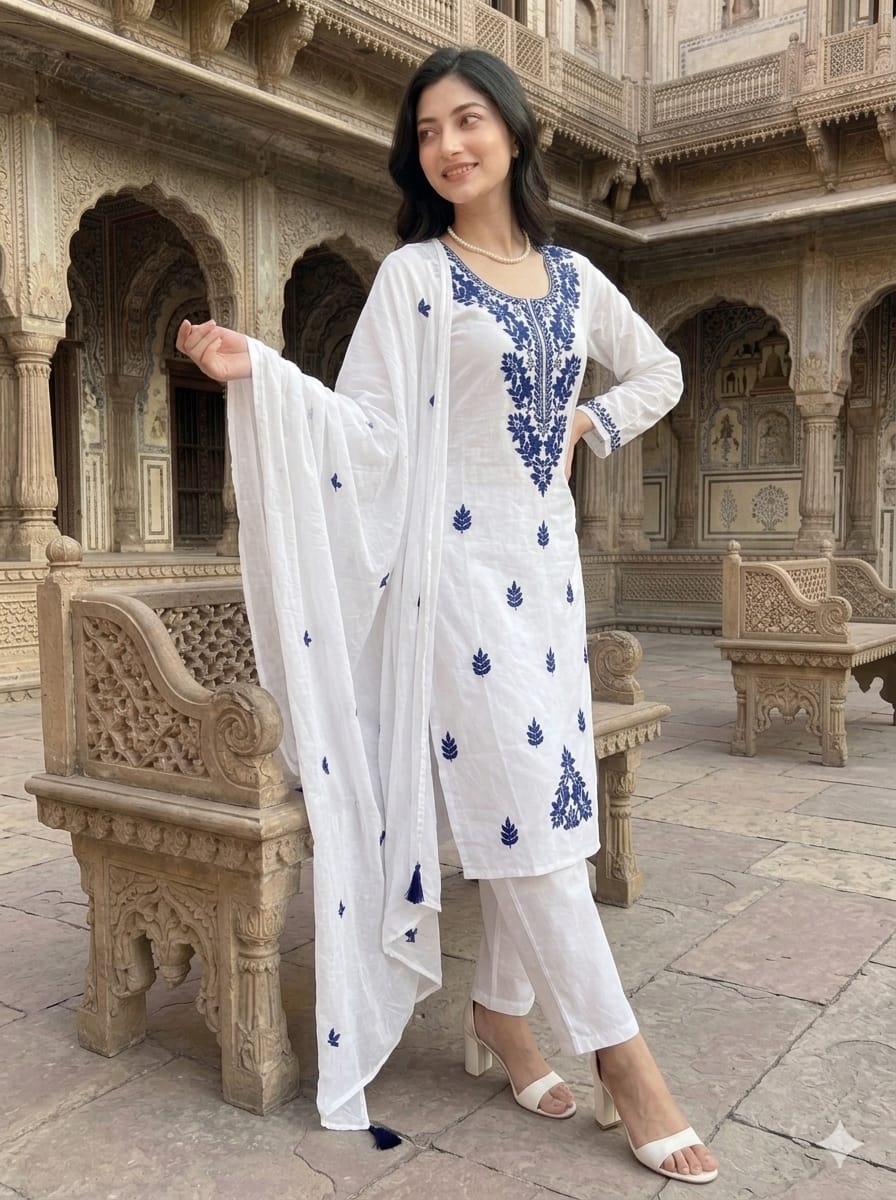 Women's Floral Embroidered Cotton Suit Set with Dupatta (RRRD49)