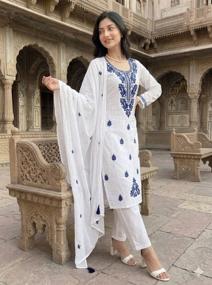 Women's Floral Embroidered Cotton Suit Set with Dupatta (RRRD49)