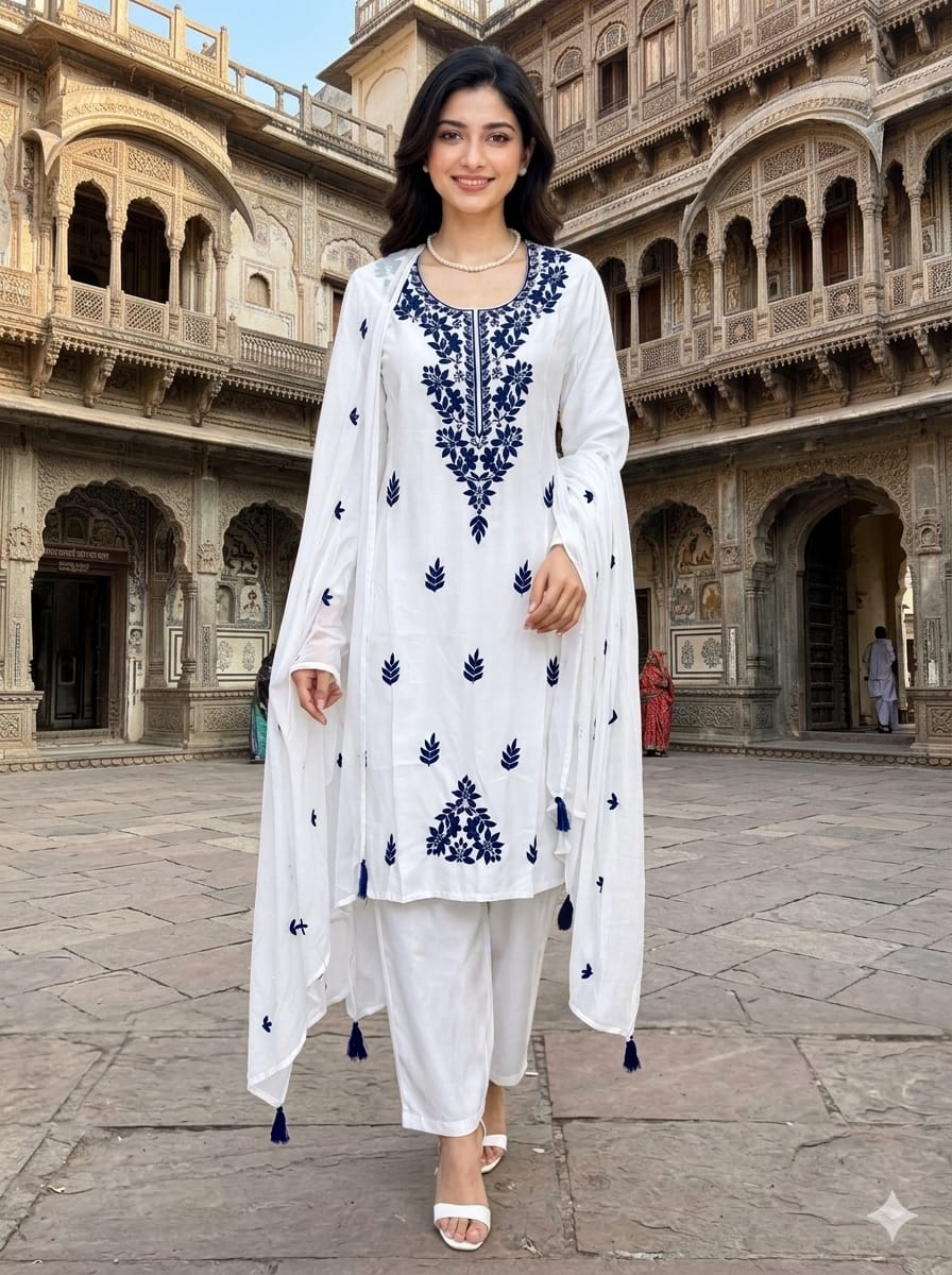 Women's Floral Embroidered Cotton Suit Set with Dupatta (RRRD49)
