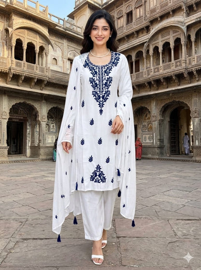 Women's Floral Embroidered Cotton Suit Set with Dupatta (RRRD49)