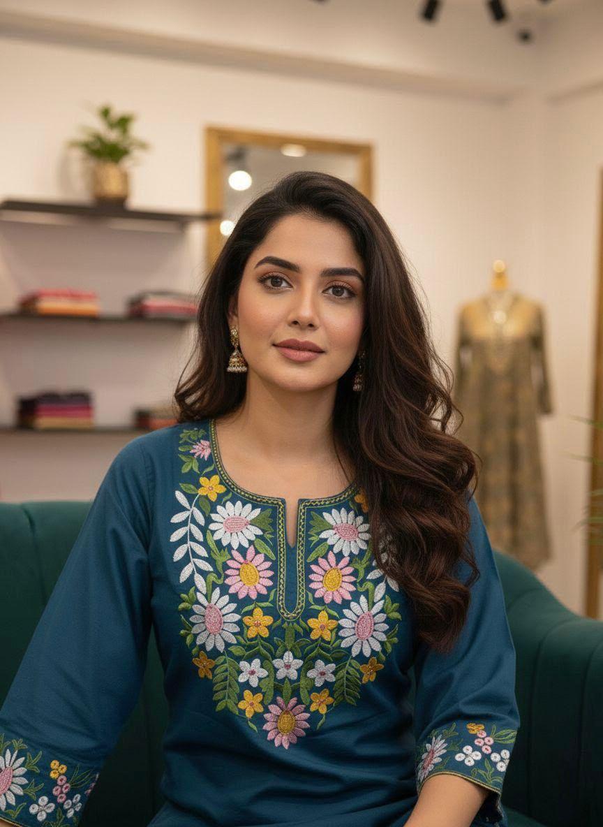 🧶work- embroidery 🪡 🪡 🪡 work on kurti front and pant and kurti border👗👗👗👗 (SWSK78)