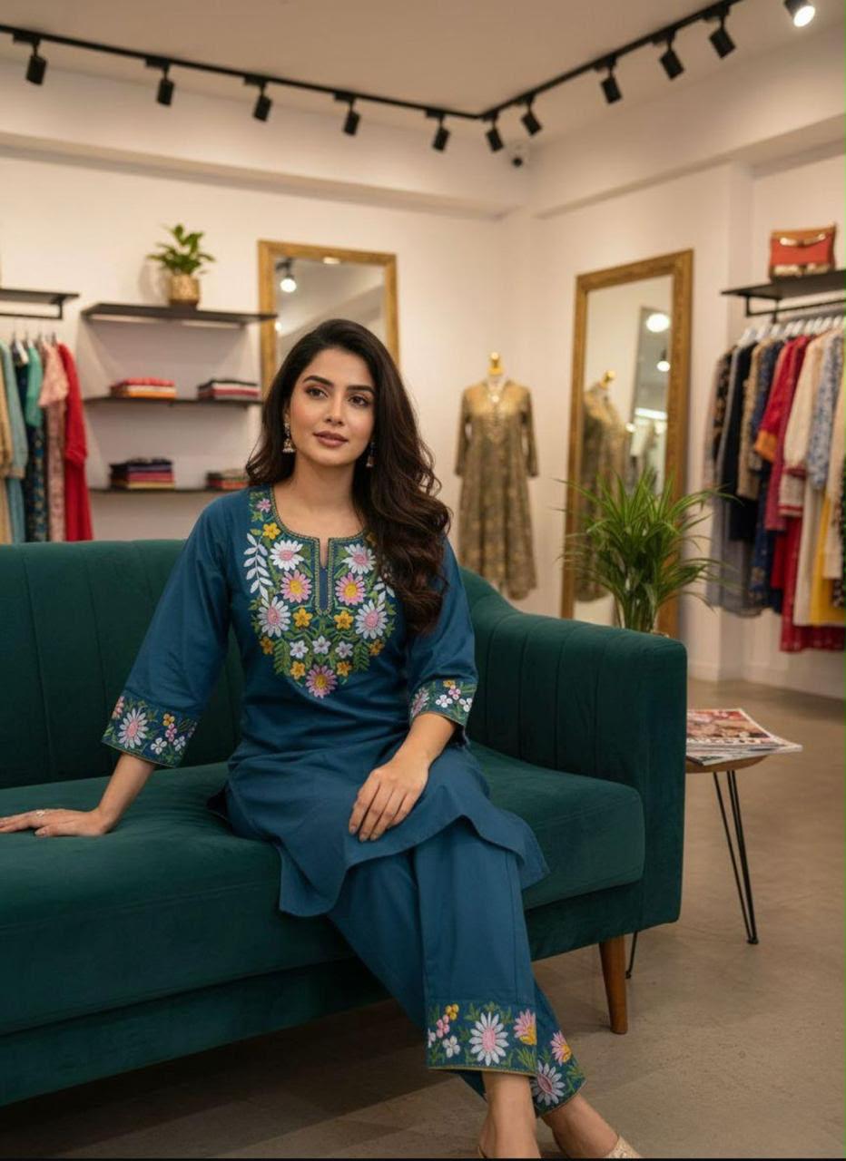 🧶work- embroidery 🪡 🪡 🪡 work on kurti front and pant and kurti border👗👗👗👗 (SWSK78)