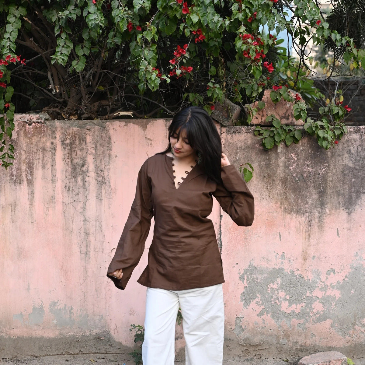 ✨ Chic V-Neck Top with Unique Button Detailing & Flared Sleeves 🌸(CJ07)