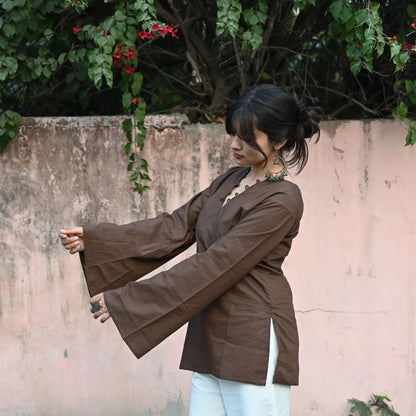✨ Chic V-Neck Top with Unique Button Detailing & Flared Sleeves 🌸(CJ07)