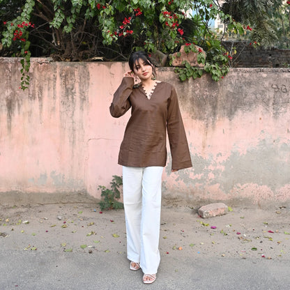 ✨ Chic V-Neck Top with Unique Button Detailing & Flared Sleeves 🌸(CJ07)