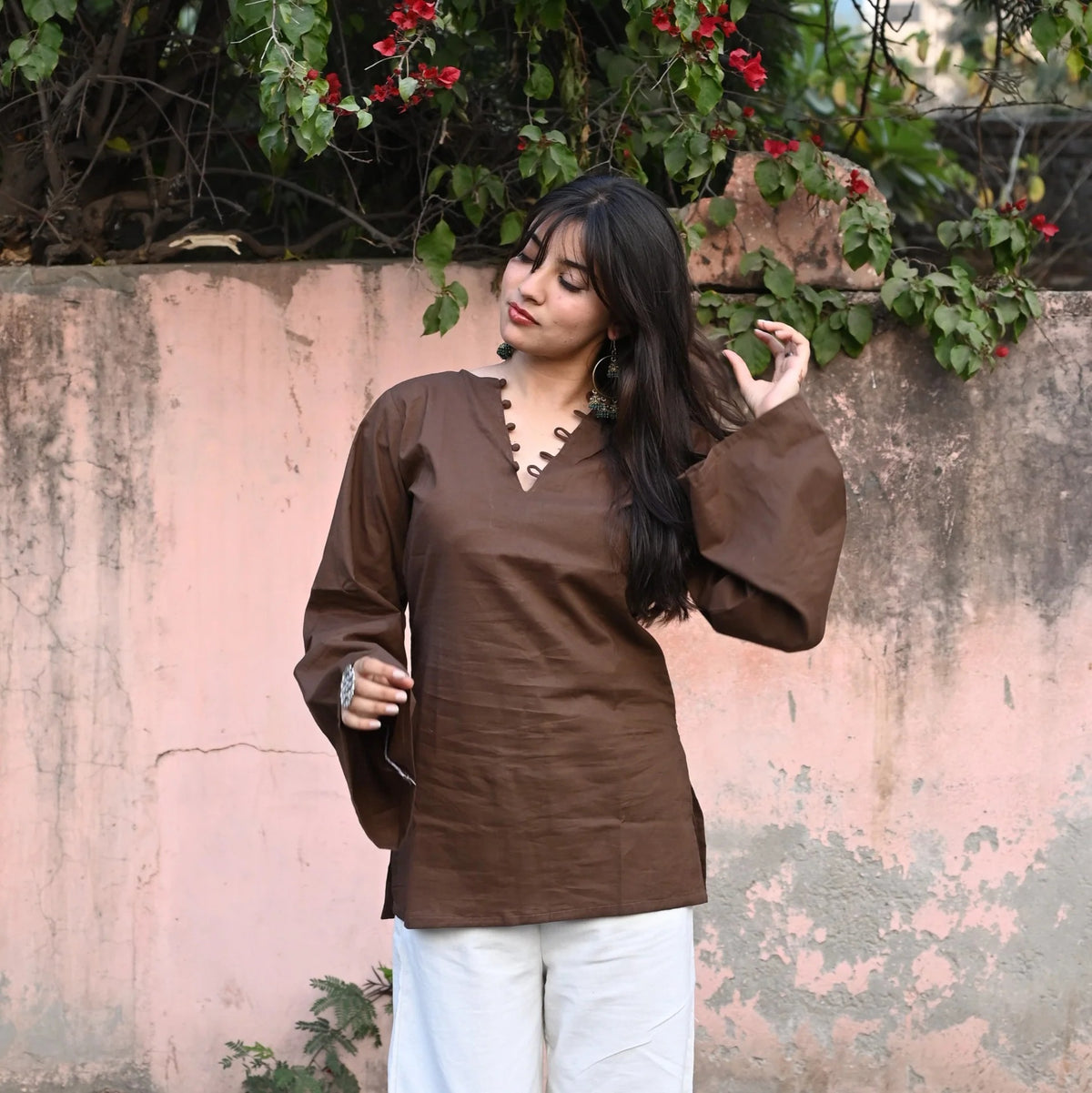 ✨ Chic V-Neck Top with Unique Button Detailing & Flared Sleeves 🌸(CJ07)